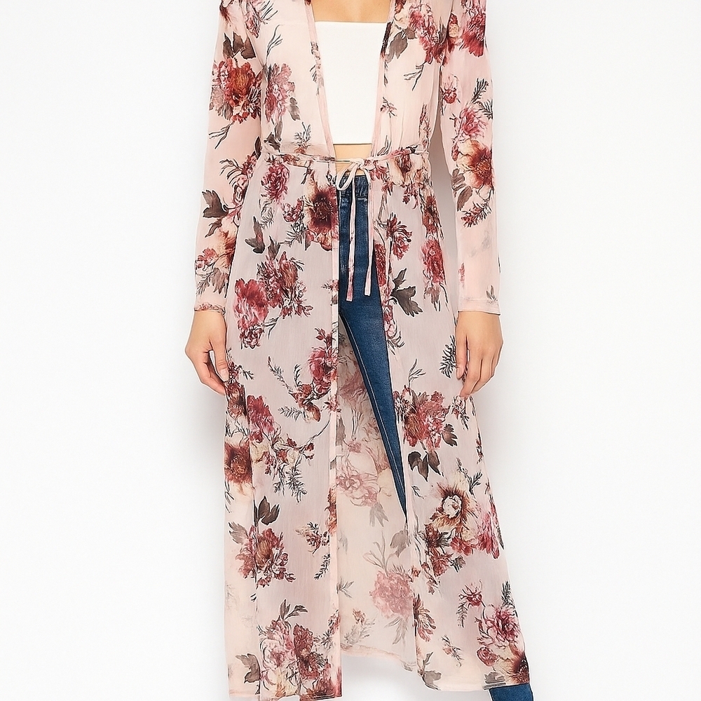 Guess Floral Chiffon Y2K Fashion Long Sleeve Maxi Cardigan